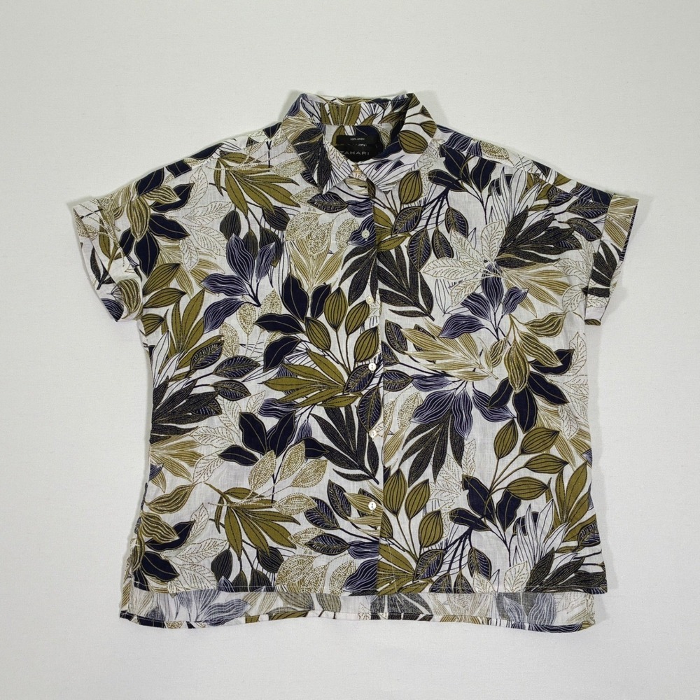 Tahari Womens 100% Linen Short Sleeve Botanical Leaf Print Button Down Shirt S